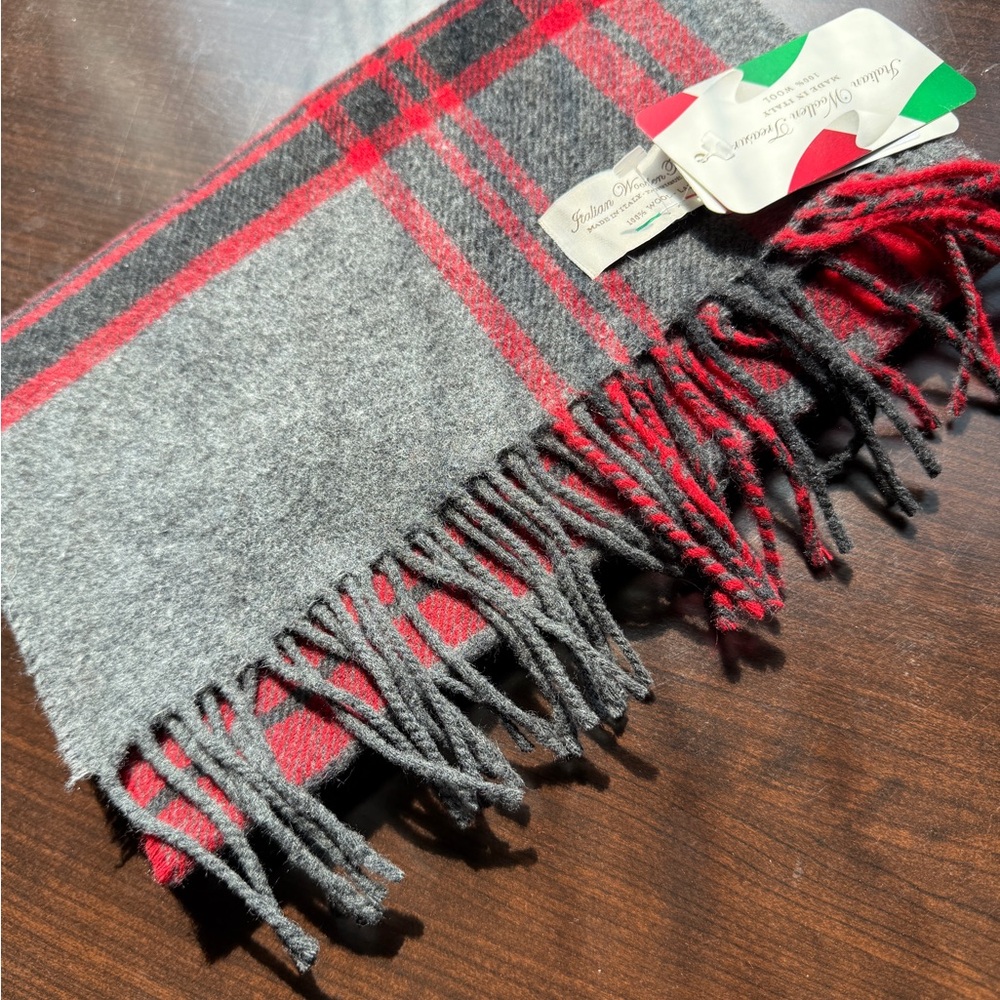 Gray and Red Plaid Scarf, Italian Woolen Treasures